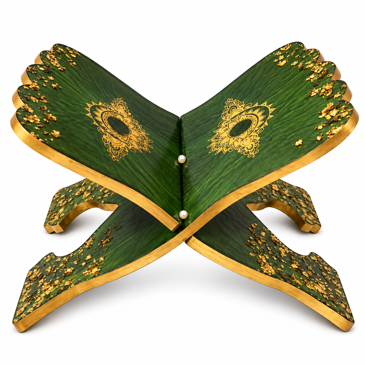 Ornate green and gold Quran stand