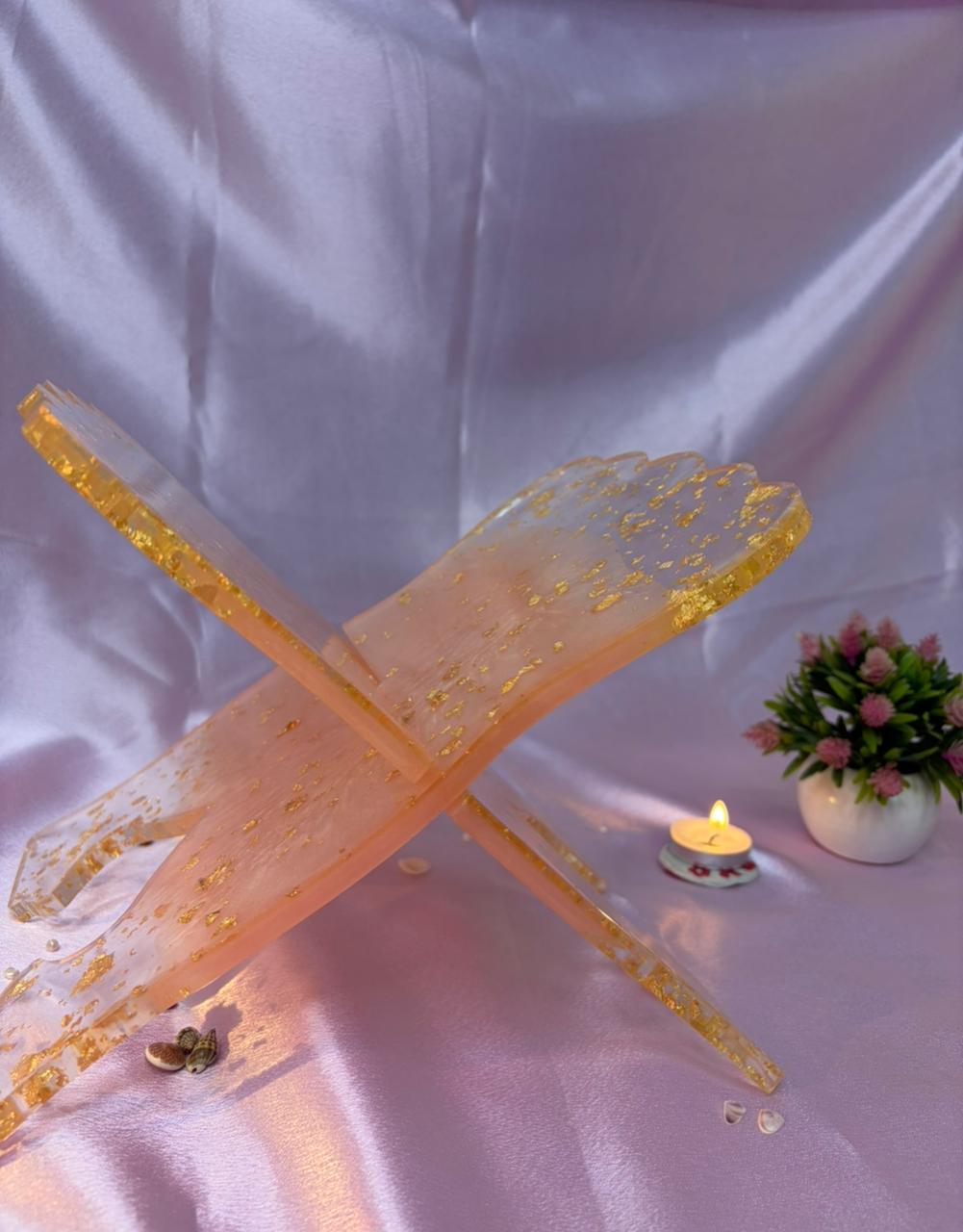 Islamic Rehal for Quran Shareef, pink with Gold Accents, Decorative Book Stand