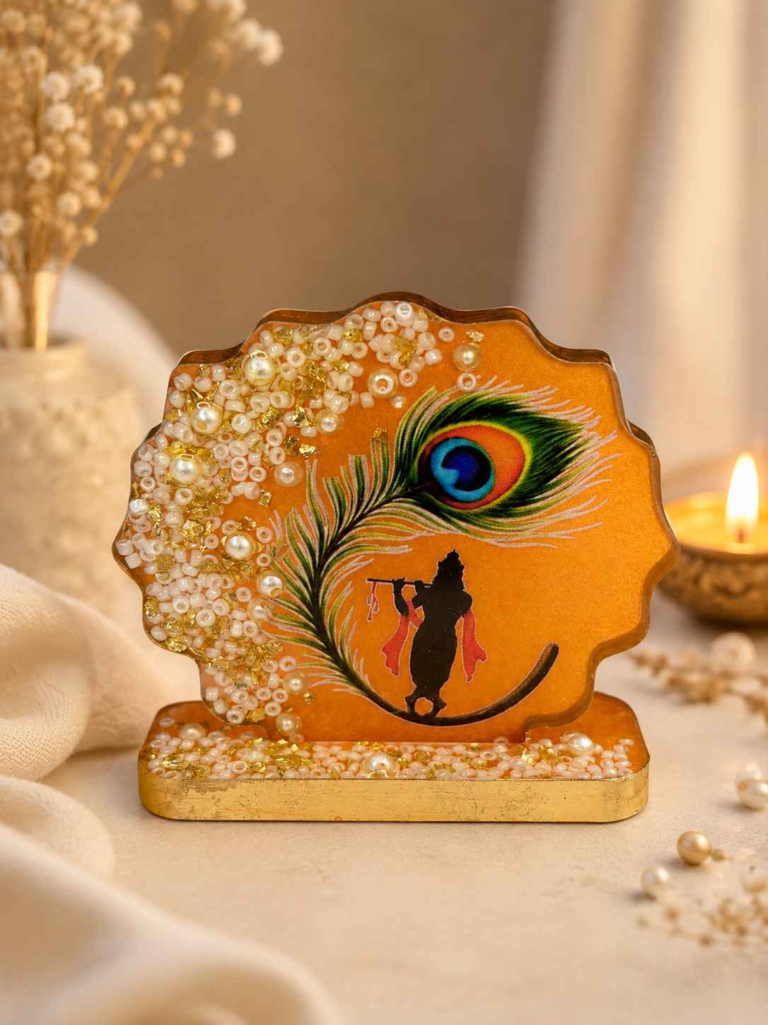 Luxury Resin Krishna Peacock Feather Standy Frame