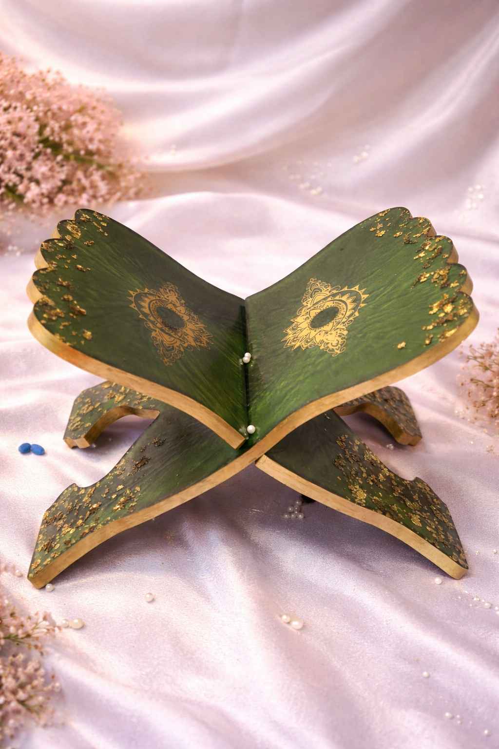 Ornate green and gold Quran stand