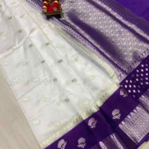 Ivory White with Purple Border BANARASI RAW MANGO DAYBAL SOFT SILK SAREE