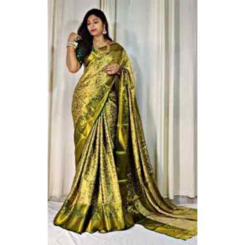 Olive Gold Heritage Silk Saree with Emerald Borders