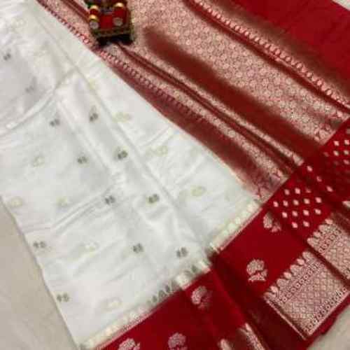 Off-White / Cream with Red Border BANARASI RAW MANGO DAYBAL SOFT SILK SAREE