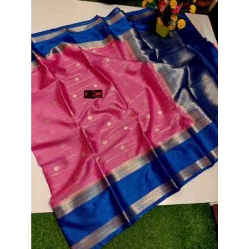 Royal Blue with Silver Zari Border & Pink Pallu Edge Banarasi Handloom Warm Silk Soft Saree