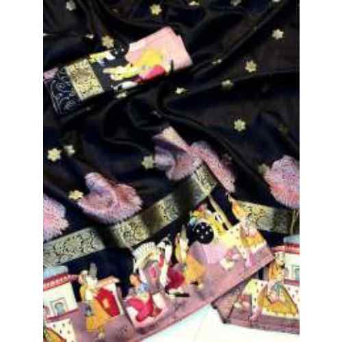 Midnight Black Art Soft dola silk sarees with pen kalamkari design