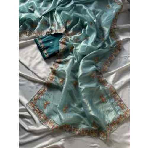 Seafoam Blue Butterfly Bloom Crushed Organza Saree