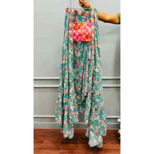 Teal Floral Printed Lehenga Set with Embellished Pink Blouse