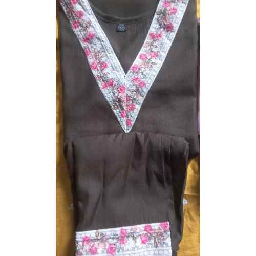 Dark Brown Floral Trim Kurti Set