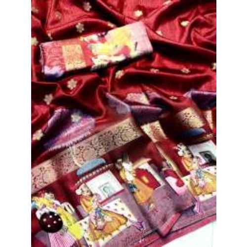 Ruby Red Art Soft dola silk sarees with pen kalamkari design