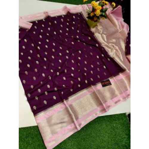 Royal Purple with Baby Pink & Gold Border Banarasi Semi Kataan Soft Silk Saree