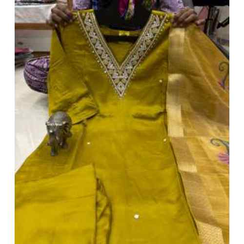 Mustard Yellow V-Neck Embroidered Saree Set