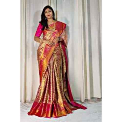 "Elegant Rani Pink & Gold Toned Woven Design Saree"