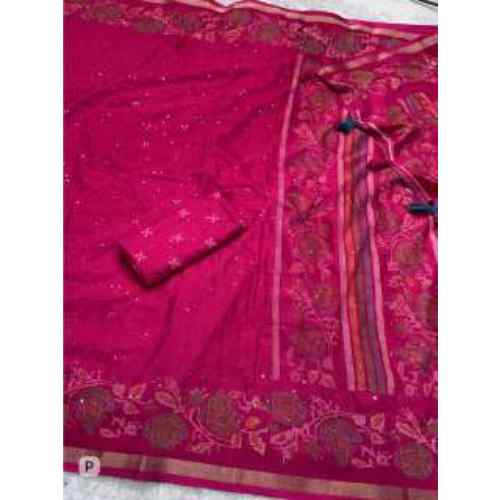 Kashmiri Zaal Elegance Mul Cotton Saree – Magenta Pink