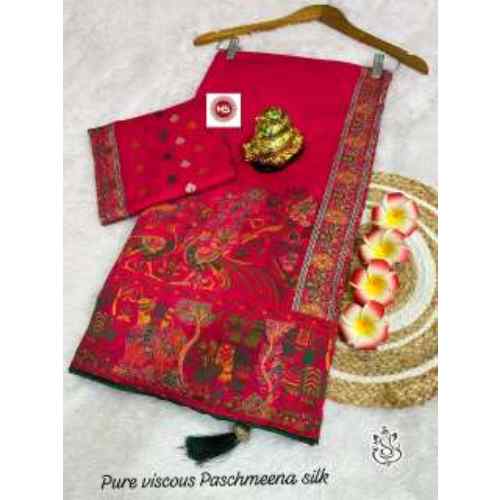 Rani Rose Pink Pure Pashmeena Silk Saree