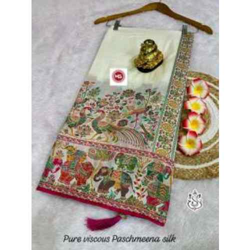 Ivory Pearl White Pure Pashmeena Silk Saree