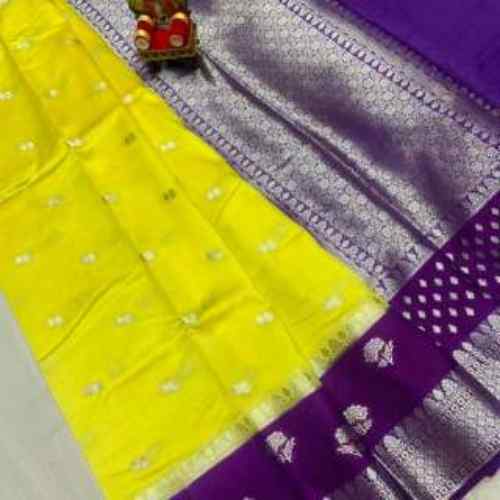Bright Yellow / Mustard Yellow with Red Border BANARASI RAW MANGO DAYBAL SOFT SILK SAREE