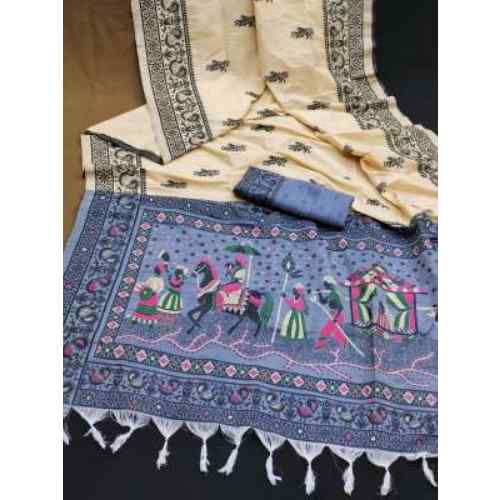 Off-White / Ivory with Navy Blue Print saree