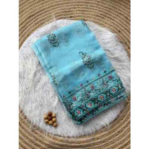 Aqua Bloom Organza Silk Saree with Viscose Thread Embroidery