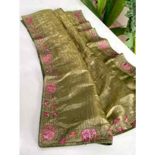 Olive Green Embroidered Border Saree