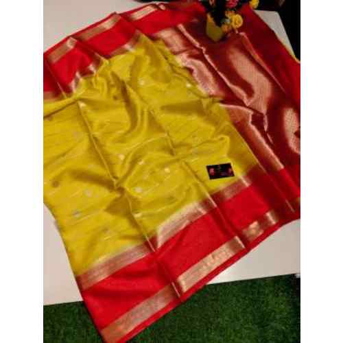 Lime Yellow with Red Border Banarasi Handloom Warm Silk Soft Saree