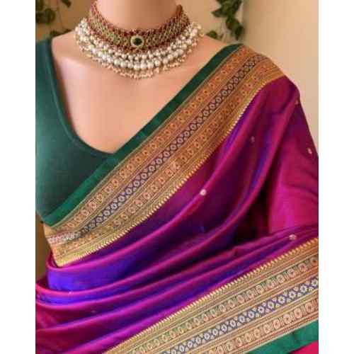 Magenta Purple & Teal Green PURE SOFT BANARASI SILK SAREE