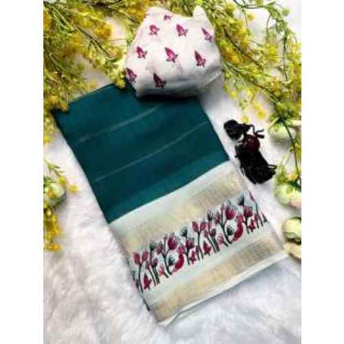 Teal Green Floral Border Saree