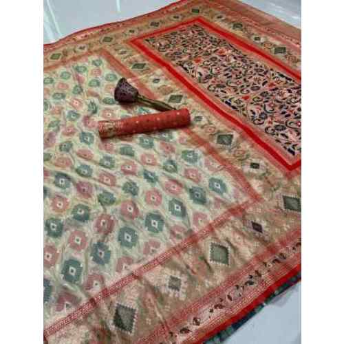 Ivory Red pure soft silk weaving Paithani saree