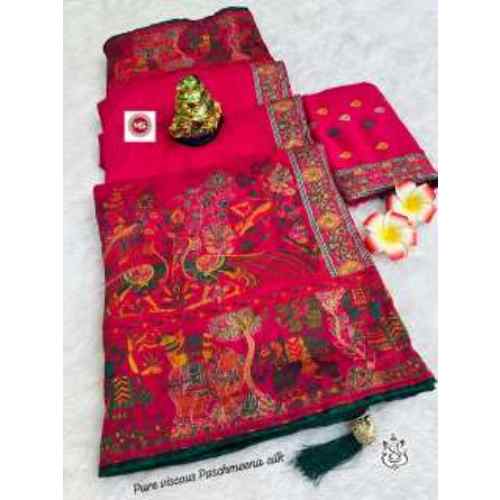 Magenta Blossom Pink Pure Pashmeena Silk Saree