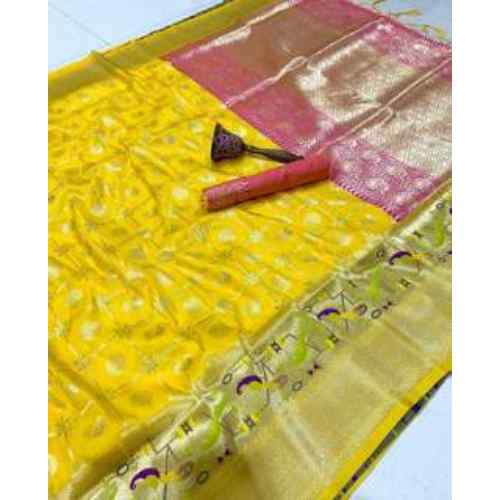 Sunshine Yellow pure soft silk weaving Paithani saree