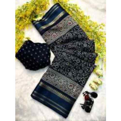 Midnight Blue Ajrakh Aura Soft Cotton Silk Saree