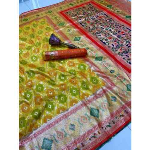 Lime Green pure soft silk weaving Paithani saree