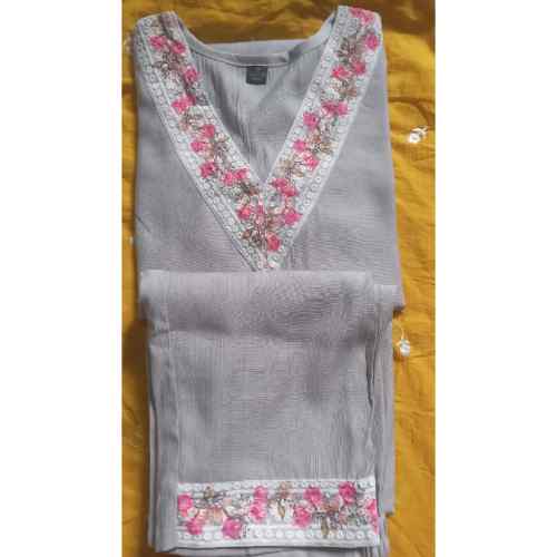 Cream / Off-White Floral Trim Kurti Set
