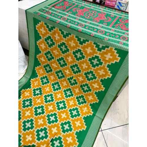 Emerald Green with Mustard & Red Contrast Saree