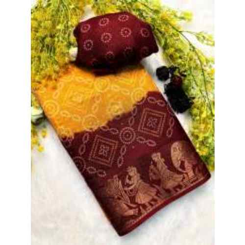 Mustard Yellow & Maroon Dola Silk Saree