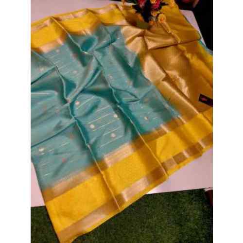 Sea Green / Aqua Green with Yellow Border Banarasi Handloom Warm Silk Soft Saree