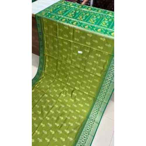 Olive Green Soft Silk Saree – Subtle olive green body with delicate gold butti weaving and a contrasting teal border.