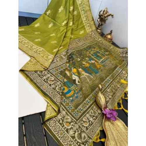 Olive Green with Gold Accents saree