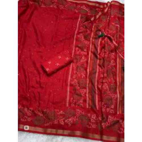 Kashmiri Zaal Elegance Mul Cotton Saree – Crimson Red