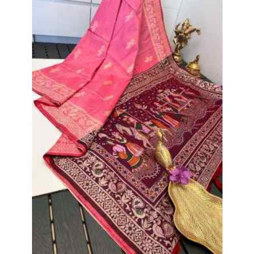 Rose Pink with Deep Maroon Border saree