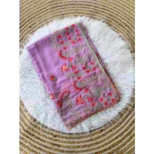 Floral Whisper Embroidered Georgette Saree – Lavender Pink