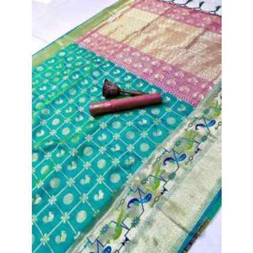 Teal Green pure soft silk weaving Paithani saree