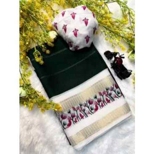 Bottle Green Floral Border Saree