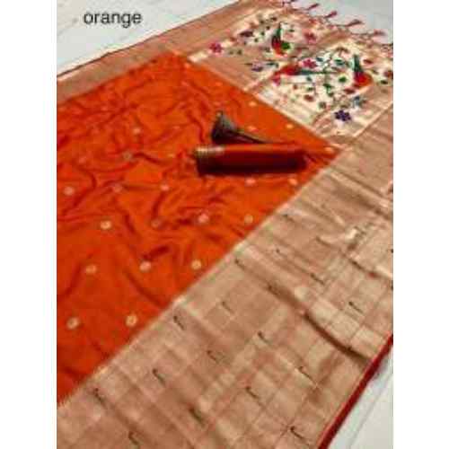 Rust Orange pure soft silk weaving Paithani saree