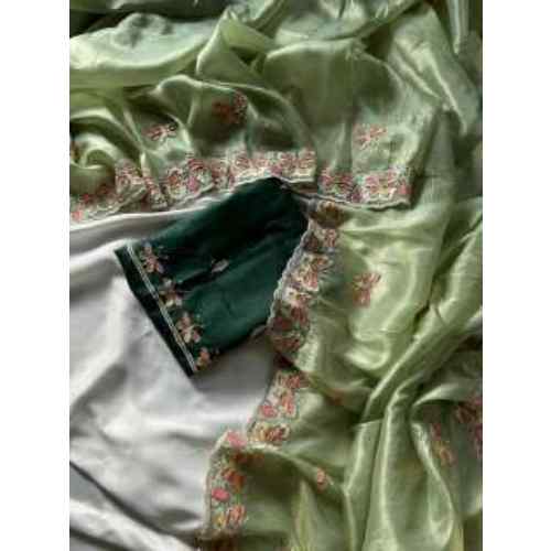 Pistachio Green Butterfly Bloom Crushed Organza Saree