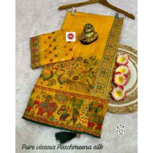 Sunlit Mustard Gold Pure Pashmeena Silk Saree