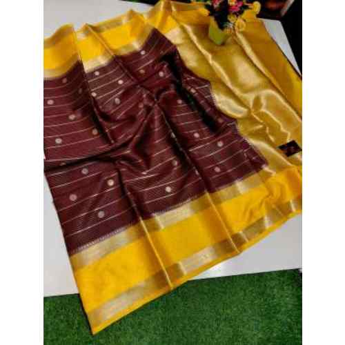 Chocolate Brown with Mustard Yellow Border Banarasi Handloom Warm Silk Soft Saree