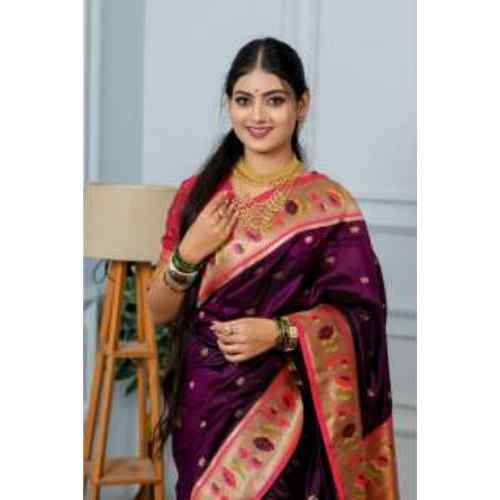 Wine Purple & Gold Premium Lotus Paithani