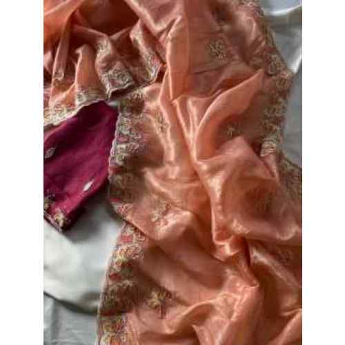Peach Blush Butterfly Bloom Crushed Organza Saree