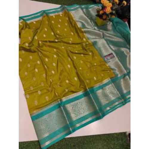 Olive Green with Teal & Gold Border Banarasi Semi Kataan Soft Silk Saree