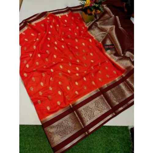 Bright Red with Maroon & Gold Border Banarasi Semi Kataan Soft Silk Saree